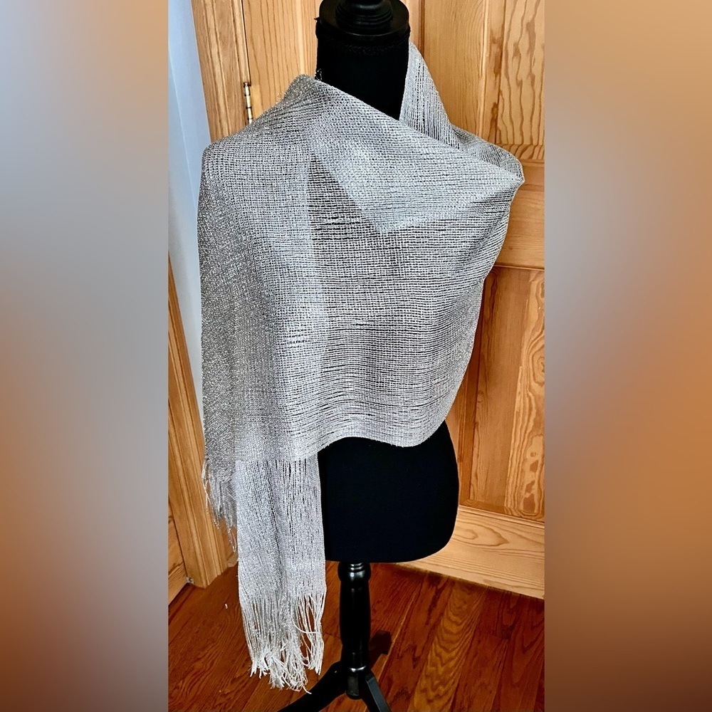 Metallic Silver Scarf Shimmer Fringe Shawl Open Knit Holiday Evening Dress Wrap